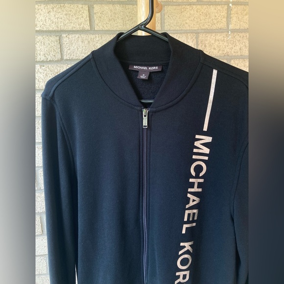 Michael Kors Black Super Soft Fleece Lined Men’s Zip Up Logo Stripe Sweatshirt - Picture 4 of 11